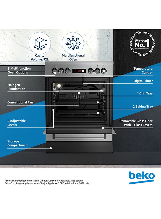 Beko 60x60cm Freestanding Ceramic Electric cooker, 4 Cooking Zones(2 Expandable), 8 Cooking Multifuntion Oven, 72 liters Oven Capacity, A+ Energy Rating, SteamShine Cleaning, Halogen Illumination, Removable Door Glass for Cleaning FSM67320GXS Steel  - Image 2