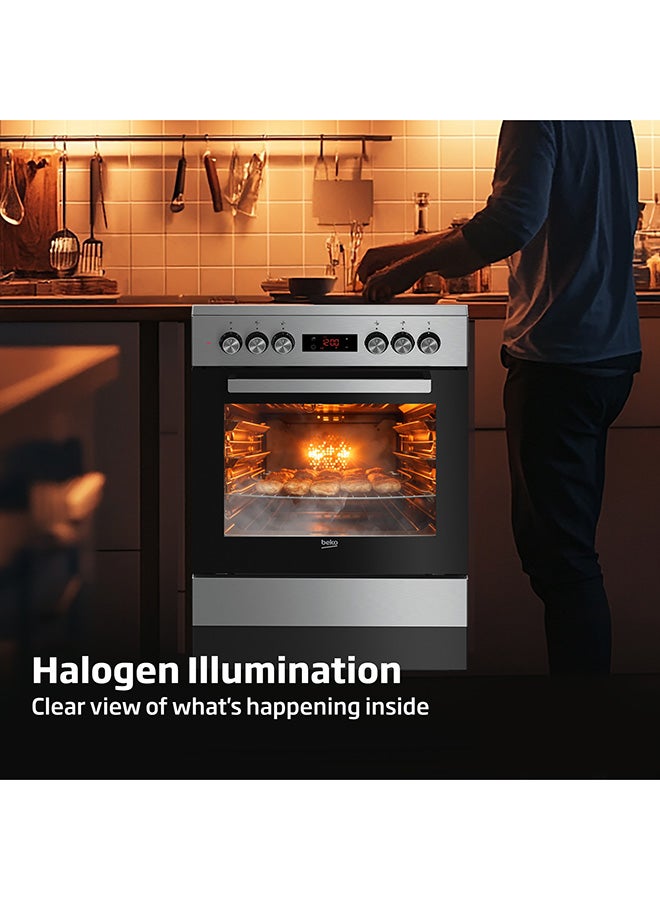 60x60cm Freestanding Ceramic Electric cooker, 4 Cooking Zones(2 Expandable), 8 Cooking Multifuntion Oven, 72 liters Oven Capacity, A+ Energy Rating, SteamShine Cleaning, Halogen Illumination, Removable Door Glass for Cleaning FSM67320GXS Steel