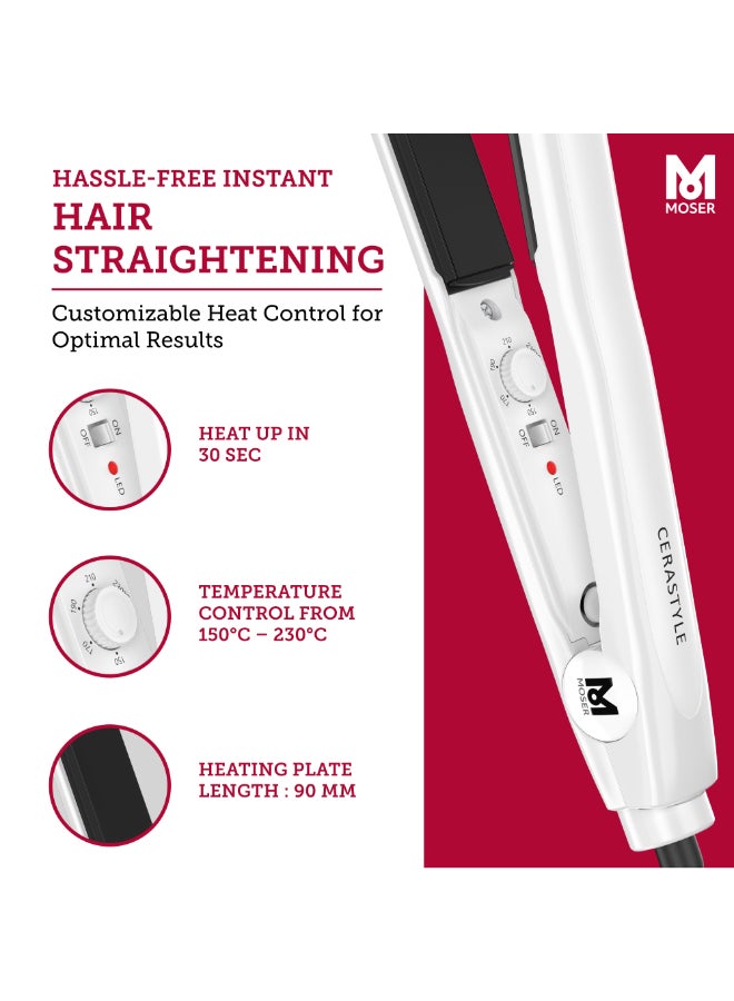 MOSER - Professional Cerastyle Hair Starightener For Women Ultra-Fast Heat-Up Time For Quick Usage Perfect Hair Starightener For Frizzy Curly Hair- White 4417-0151 White 33cm - Image 1