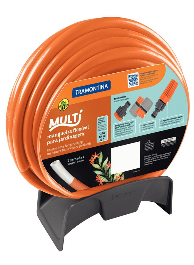 ترامونتينا 25m 1/2-inch Diameter Flex Garden Hose in Orange with 3-Layers PVC Fiber and Braided Polyester Cord with Quick Connectors, Sprayer and Wall Rack up to 35m Hose Capacity Orange  - Image 1