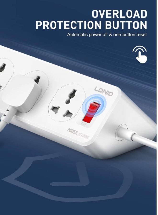 LDNIO Power Strip with 10-Outlet Surge Protector Power Sockets, 3 USB Ports + 3 USB-C Ports (One PD 20W Fast Charger), 32W PD+QC Fast Charging, 2-Meter Heavy-Duty Power Extension Cord - UAE ECAS Safety Certified White 36 × 9 × 9cm - Image 3