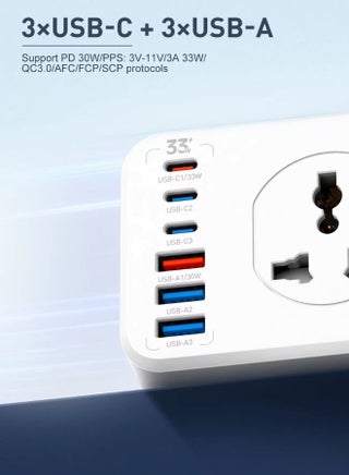 Power Strip with 10-Outlet Surge Protector Power Sockets, 3 USB Ports + 3 USB-C Ports (One PD 20W Fast Charger), 32W PD+QC Fast Charging, 2-Meter Heavy-Duty Power Extension Cord - UAE ECAS Safety Certified White 36 × 9 × 9cm - view 2