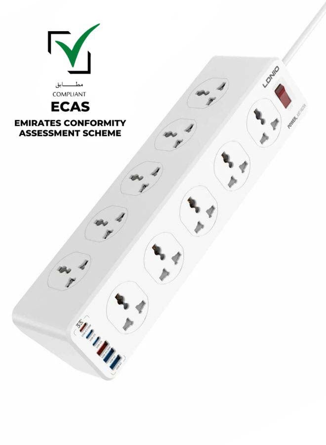 LDNIO Power Strip with 10-Outlet Surge Protector Power Sockets, 3 USB Ports + 3 USB-C Ports (One PD 20W Fast Charger), 32W PD+QC Fast Charging, 2-Meter Heavy-Duty Power Extension Cord - UAE ECAS Safety Certified White 36 × 9 × 9cm - Image 1