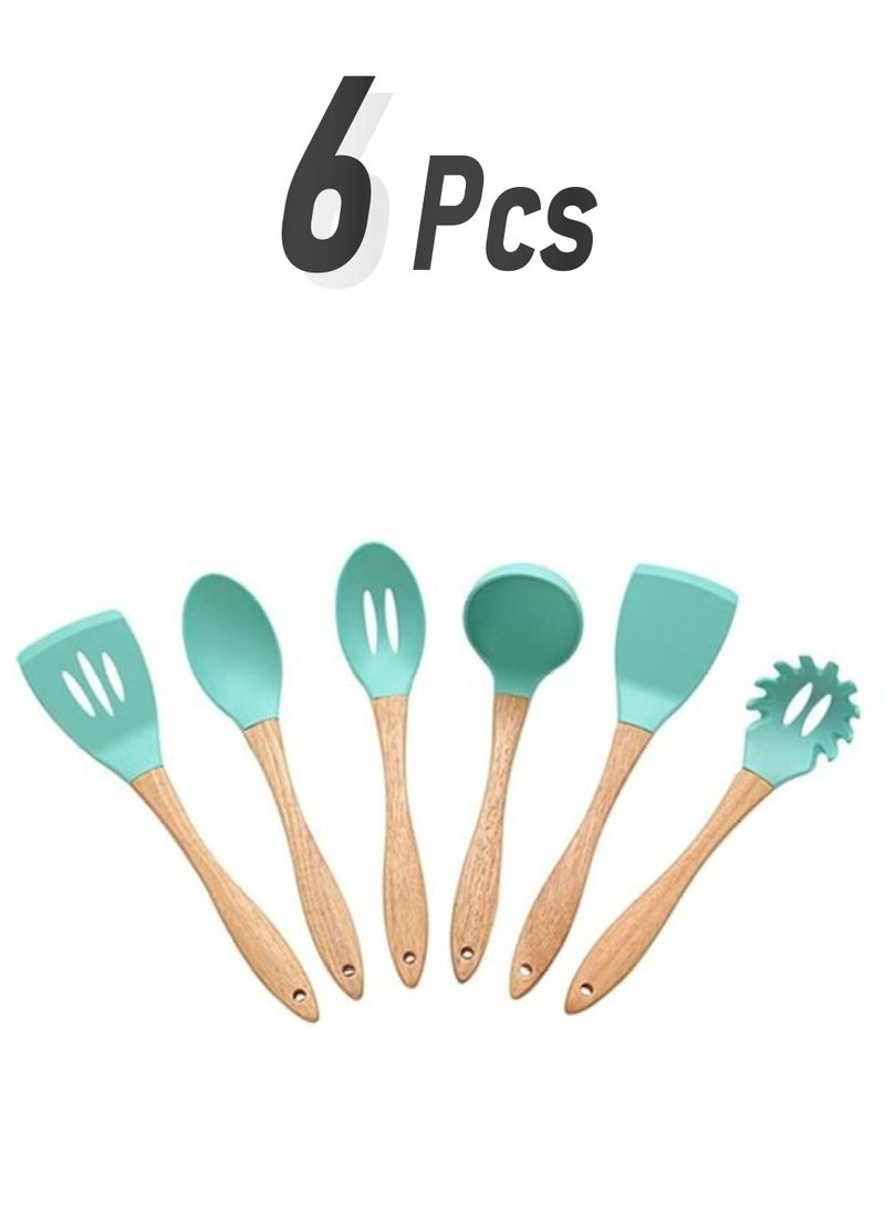 6-Piece Wood Handle Silicone Kitchenware Set Aqua  - Image 1