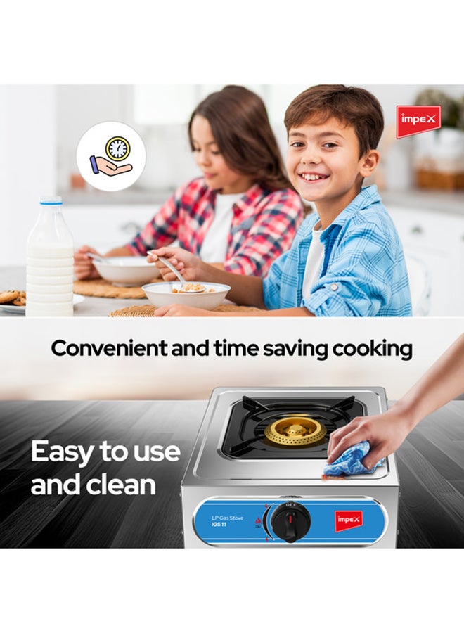 Impex - Single Burner Stainless Steel LP Gas Stove (IGS 11) | Aesthetic Design | High Efficiency Blue Flame | Auto Ignition Knobs | Spill Tray | 2 Years Warranty IGS 11 Silver/Black - Image 1