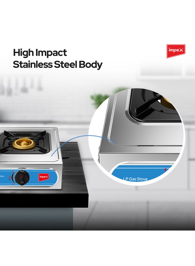 Impex - Single Burner Stainless Steel LP Gas Stove (IGS 11) | Aesthetic Design | High Efficiency Blue Flame | Auto Ignition Knobs | Spill Tray | 2 Years Warranty IGS 11 Silver/Black - Image 1