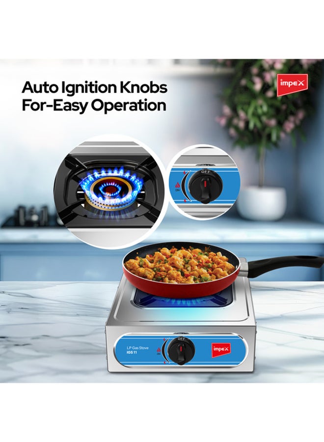 Impex - Single Burner Stainless Steel LP Gas Stove (IGS 11) | Aesthetic Design | High Efficiency Blue Flame | Auto Ignition Knobs | Spill Tray | 2 Years Warranty IGS 11 Silver/Black - Image 1