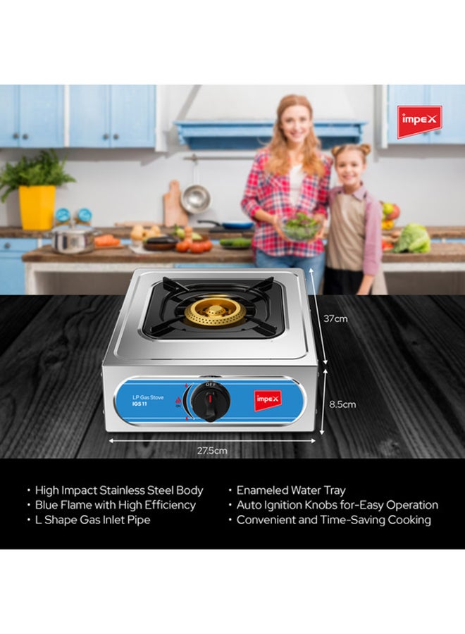 Impex - Single Burner Stainless Steel LP Gas Stove (IGS 11) | Aesthetic Design | High Efficiency Blue Flame | Auto Ignition Knobs | Spill Tray | 2 Years Warranty IGS 11 Silver/Black - Image 1