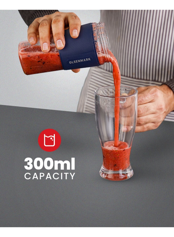Olsenmark Rechargeable Portable Blender Mixer Juicer, High Speed Powerful Copper Motor With Safety Lock, 300 ml shaker 300 ml 40 W OMSB2439 Blue/Clear - Image 3