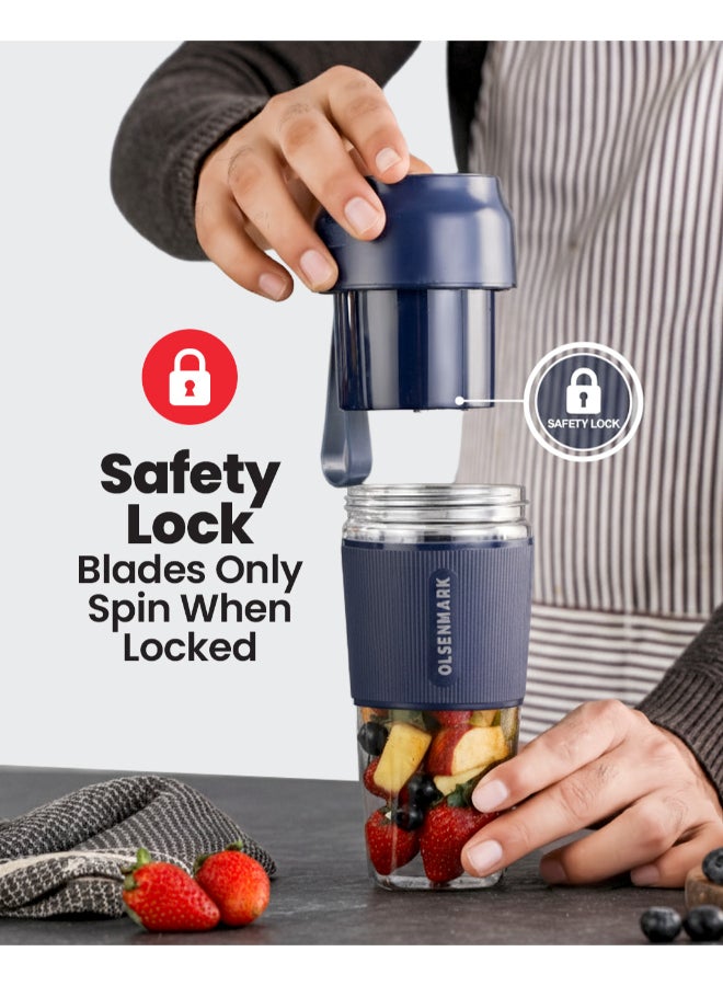 Olsenmark Rechargeable Portable Blender Mixer Juicer, High Speed Powerful Copper Motor With Safety Lock, 300 ml shaker 300 ml 40 W OMSB2439 Blue/Clear - Image 5