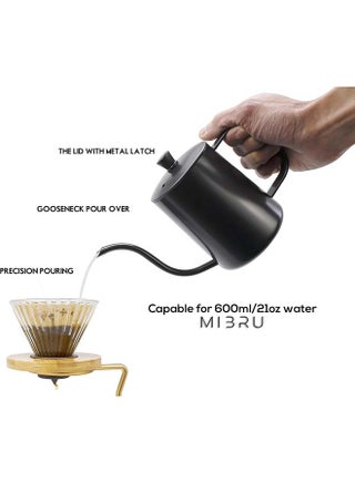تقطير القهوة V60 صب فوق غلاية مع غطاء براد شاي 304 إبريق مطلي بالتفلون من الفولاذ المقاوم للصدأ أسود 600 مل أسود 600ملليلتر - view 2