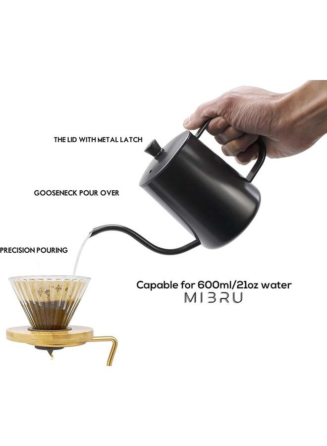 ميبرو تقطير القهوة V60 صب فوق غلاية مع غطاء براد شاي 304 إبريق مطلي بالتفلون من الفولاذ المقاوم للصدأ أسود 600 مل أسود 600ملليلتر  - Image 2