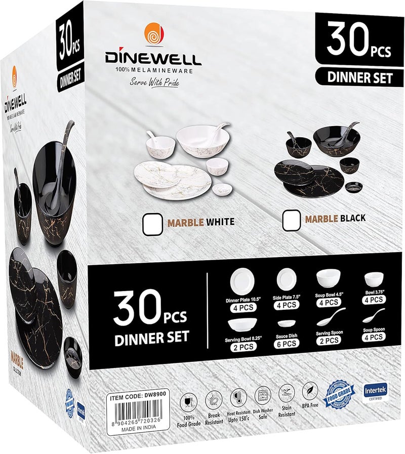 دينويل طقم عشاء من الميلامين بتصميم رخامي مكون من 30 قطعة أبيض 28سم - Image 3