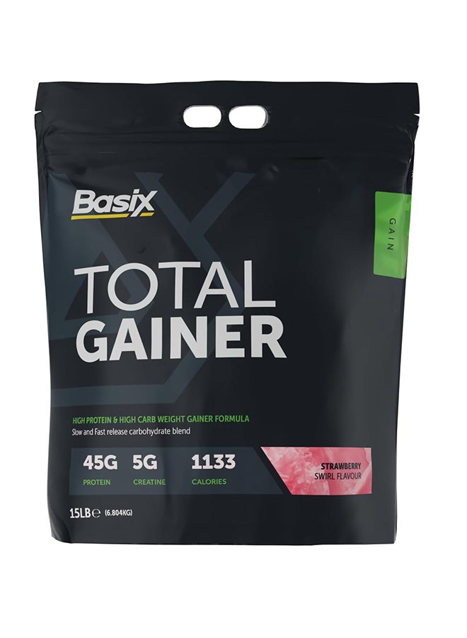 Basix Total Gainer High Protein & High Carb Mass Gainer Powder, 45g Protein, Strawberry Swirl, 6.8kg (15Lb), 23 Servings - Image 1