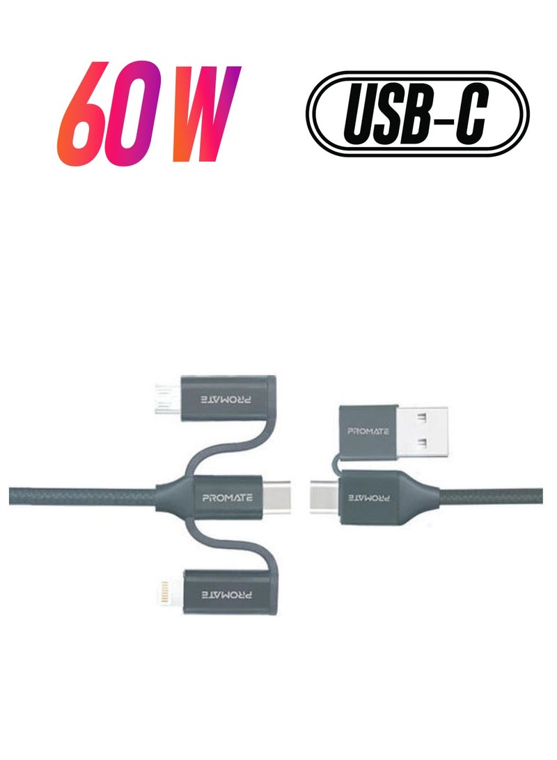 بروميت كابل موصل متعدد الموصلات من مزيج من مواد مختلفة بتصميم 6 في  1 للشحن ونقل البيانات بقدرة 60 وات من منفذ USB-C إلى USB-C رمادي - Image 1