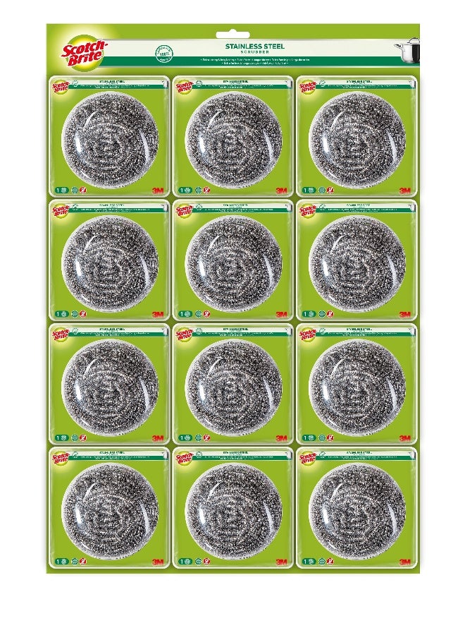 Scotch Brite Stainless Steel Metal Spiral Scrubber AISI430, Scouring pad, Ideal for Cast Iron Pans, Powerful Scrubbing for Stubborn Messes. 15gr each. 12 units/pack Multicolour - Image 1