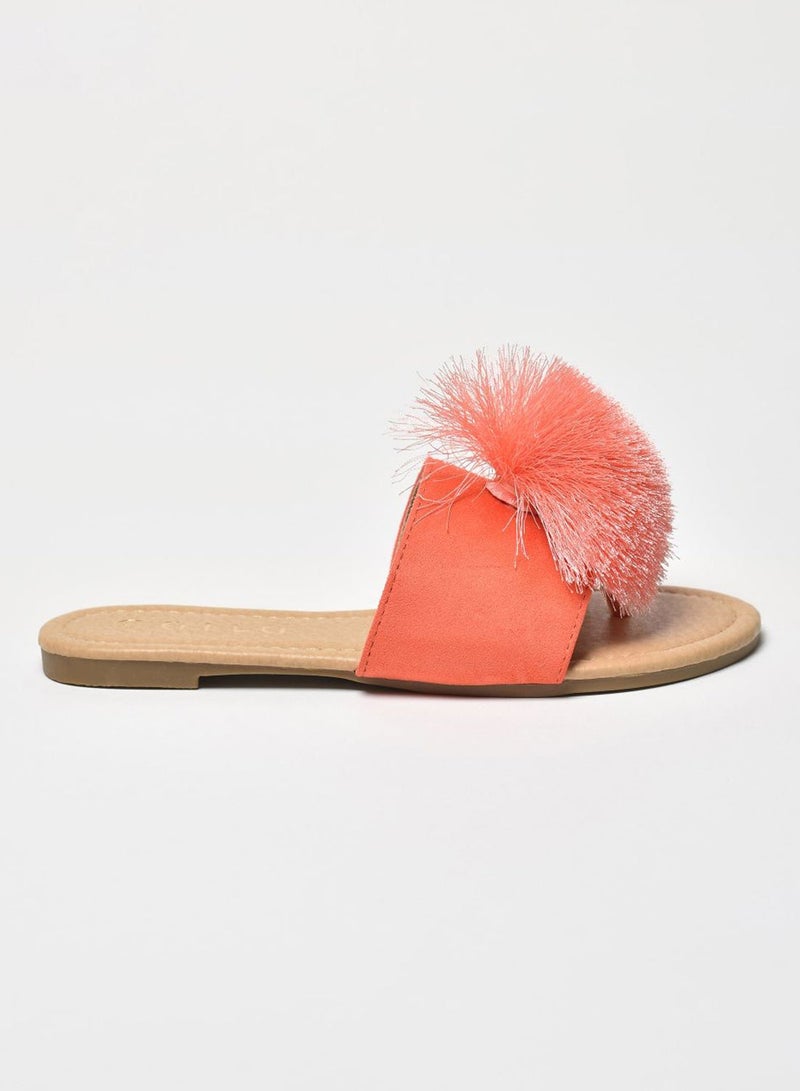 Aila - Thread Pom-Pom Detail Strap Flat Sandals Coral - Image 1