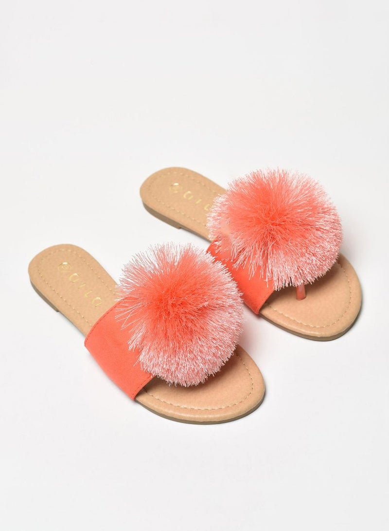 Aila - Thread Pom-Pom Detail Strap Flat Sandals Coral - Image 1
