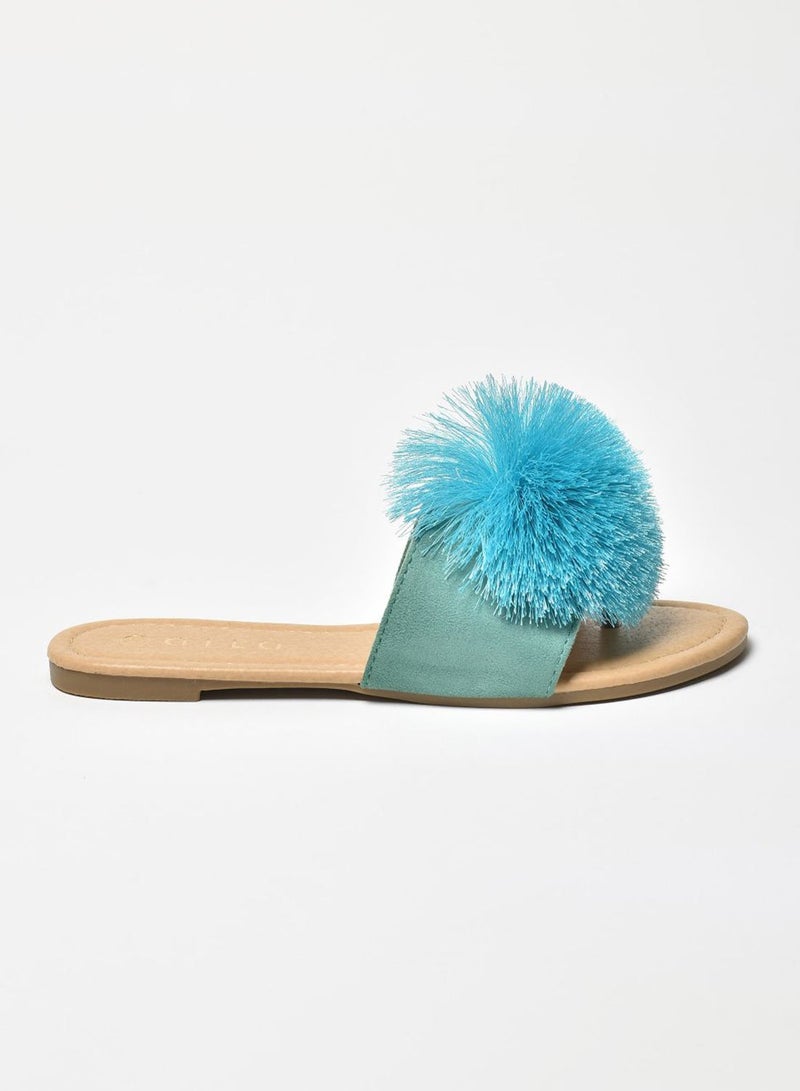 Aila - Thread Pom-Pom Detail Strap Flat Sandals Green - Image 1