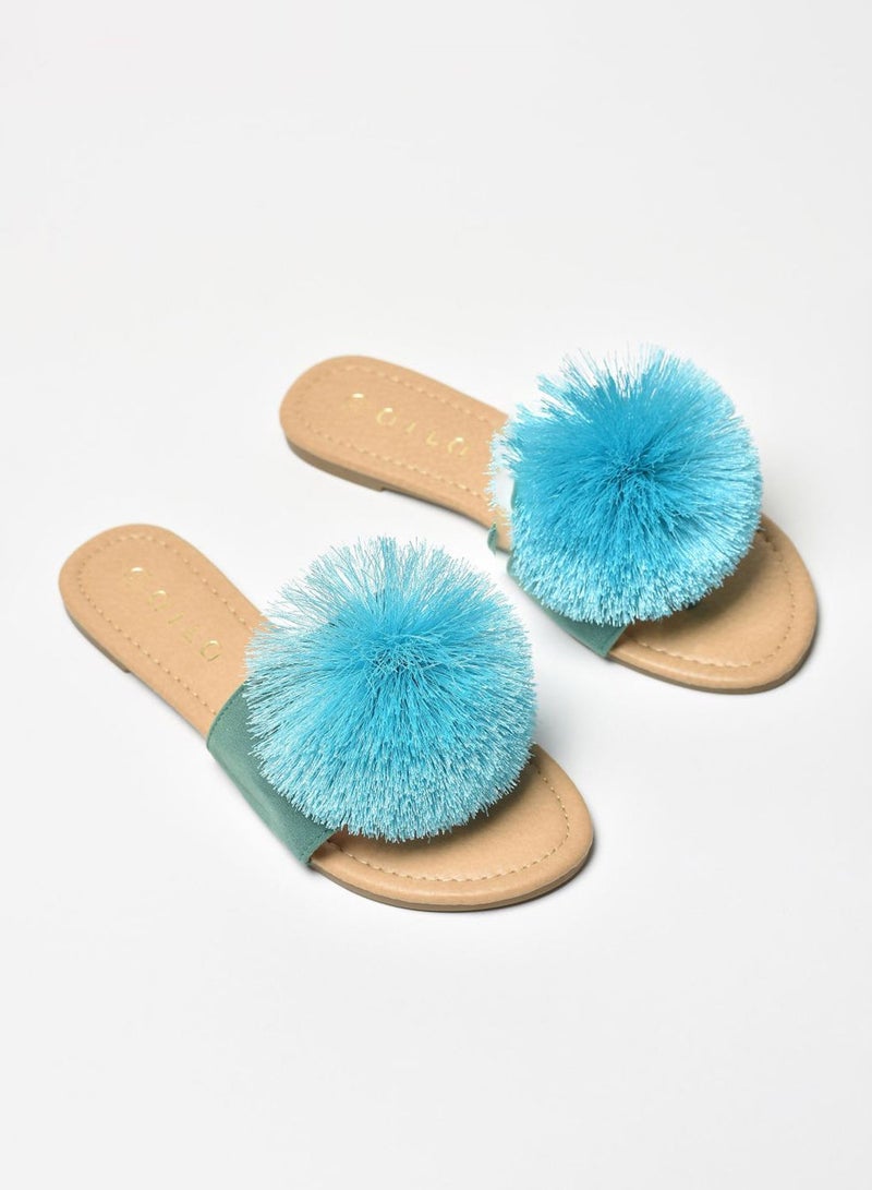 Aila - Thread Pom-Pom Detail Strap Flat Sandals Green - Image 1