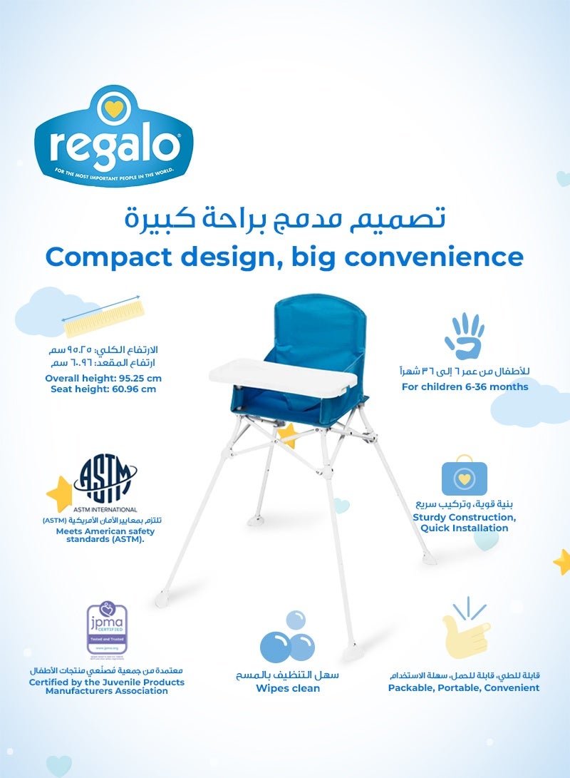 Regalo My Portable High Chair™ with Tray | 95cm Height | Foldable Baby Feeding Chair | Lightweight & Sturdy | Waterproof Fabric | 3-Point Safety Harness | Easy to Clean & Carry - Image 4