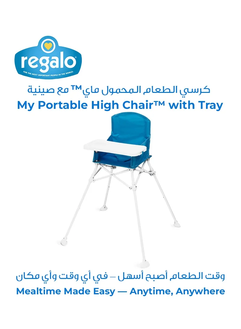 Regalo My Portable High Chair™ with Tray | 95cm Height | Foldable Baby Feeding Chair | Lightweight & Sturdy | Waterproof Fabric | 3-Point Safety Harness | Easy to Clean & Carry