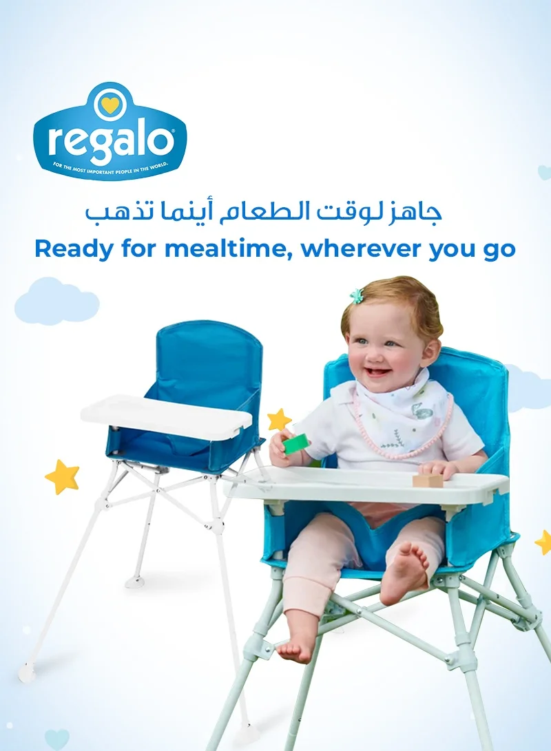 Regalo My Portable High Chair™ with Tray | 95cm Height | Foldable Baby Feeding Chair | Lightweight & Sturdy | Waterproof Fabric | 3-Point Safety Harness | Easy to Clean & Carry