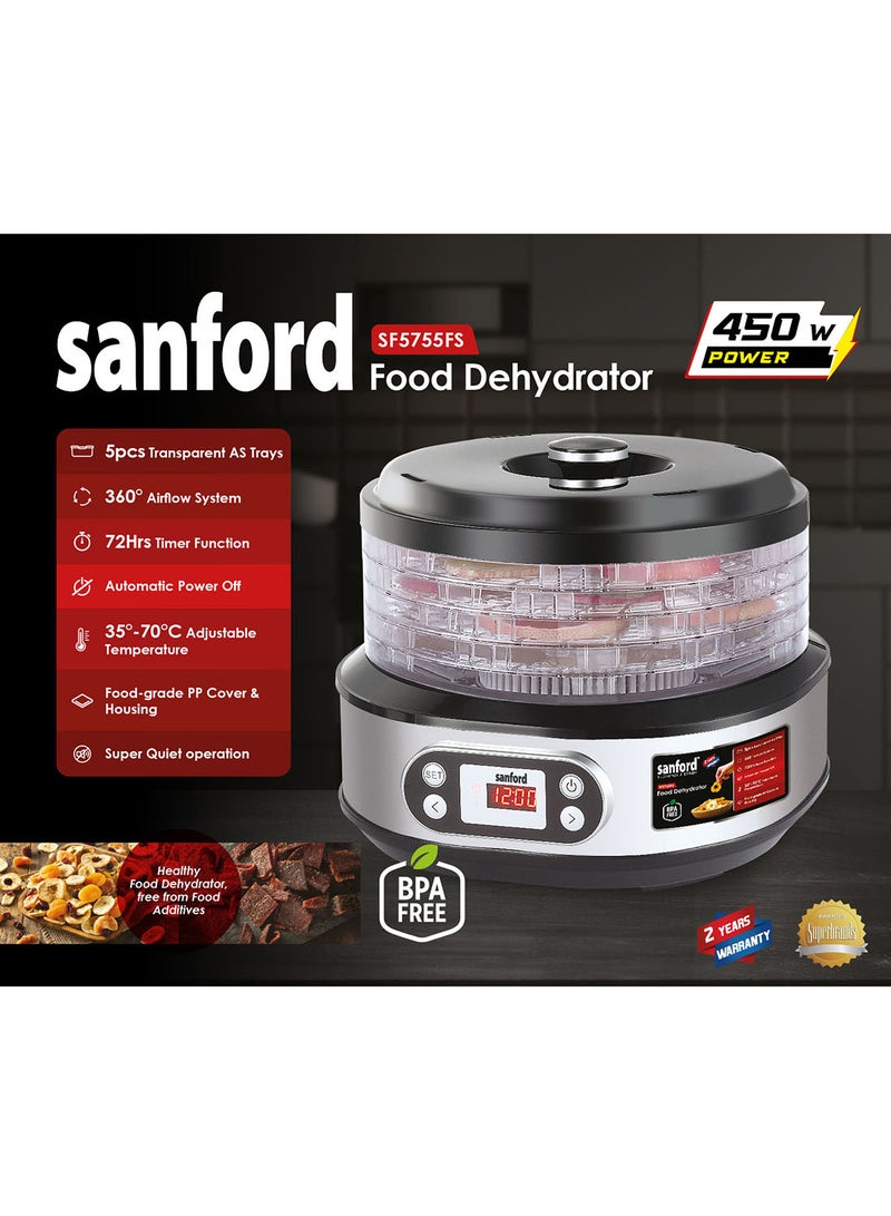 Sanford - Powerful Electric Food Dehydrator With 5pcs Transparent AS Trays, 360° Airflow System, Auto Power Off, Membrane Switch Control with LED Display, Food-grade & BPA-free 8 L 450 W SF5755FS BS Silver/Black - Image 1