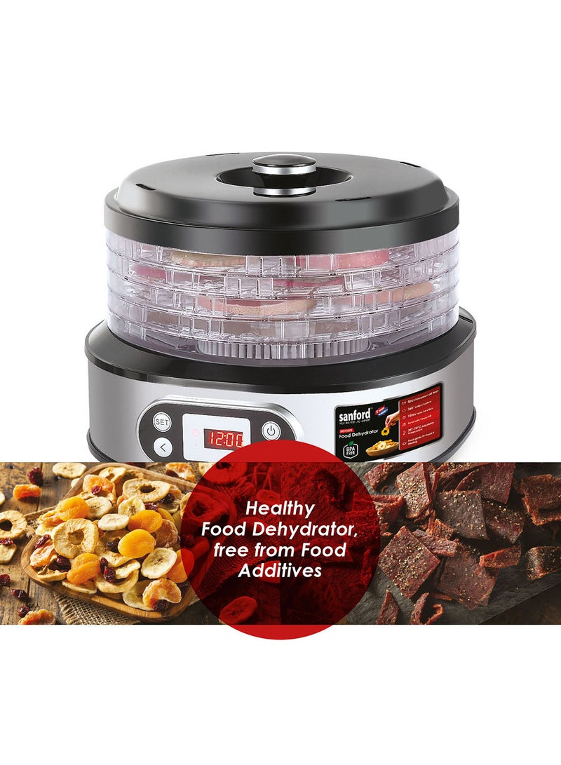 Sanford - Powerful Electric Food Dehydrator With 5pcs Transparent AS Trays, 360° Airflow System, Auto Power Off, Membrane Switch Control with LED Display, Food-grade & BPA-free 8 L 450 W SF5755FS BS Silver/Black - Image 1