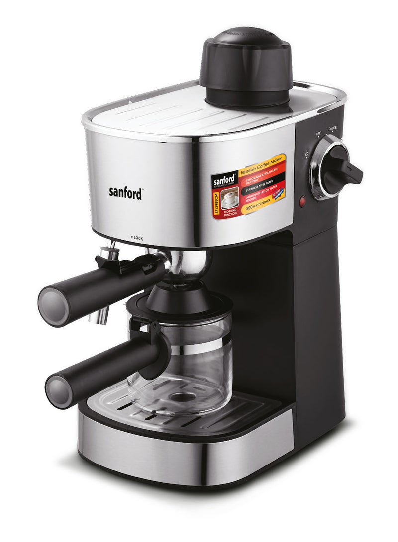 Sanford 4 Cups Espresso Coffee Maker With Frothing Function for Making Cappuccino, 3.5 Bar Pressure, Stainless Steel Filter 240 ml 800 W SF1398ECM BS Black  - Image 1