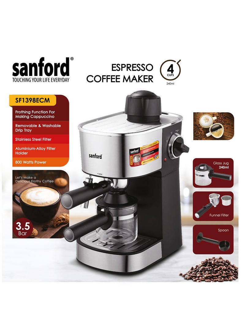 4 Cups Espresso Coffee Maker With Frothing Function for Making Cappuccino, 3.5 Bar Pressure, Stainless Steel Filter 240 ml 800 W SF1398ECM BS Black