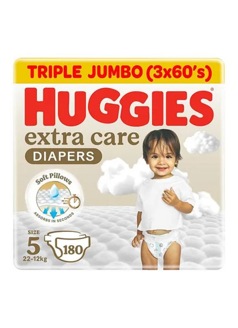 HUGGIES Extra Care Baby Diapers, Size 5, 12 - 22 Kg, 180 Count (60 x 3) - Mega Pack, Gental Skin Care, Dermatologist Approved - Image 1