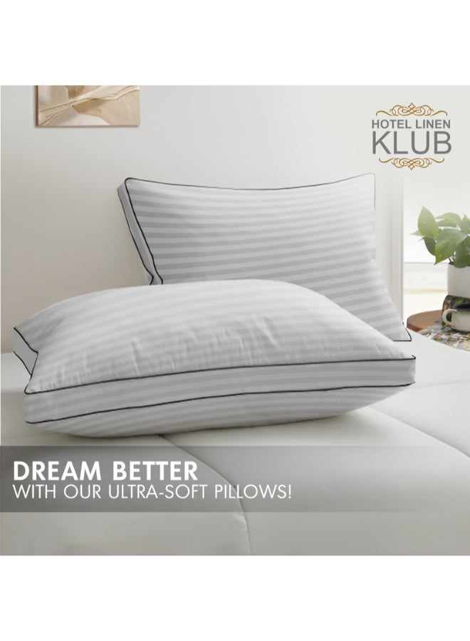 Hotel Linen Klub - 2-Piece Luxury Hotel Soft Down Alternative Pillow with Stripe Patterned, 800g Filling, Ultra-Soft & Supportive Cotton White 48x74cm - Image 1
