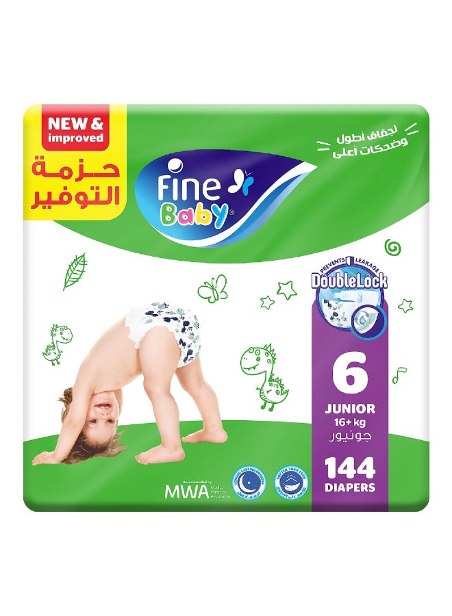 فاين بيبي حفاضات، مقاس 6، 16+ كجم، 144 قطعة (36 × 4) - جونيور، تقنية القفل المزدوج تمنع التسرب  - Image 1