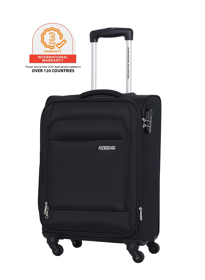 امريكان توريستر Oakland Suitcase, Cabin Size 55 cm / 20 inch, Spinner Wheels, Soft Top, 100% Polyester, Black|TSA Lock|Front Pocket Storage Compartment|Expandable - 3 Years International Warranty