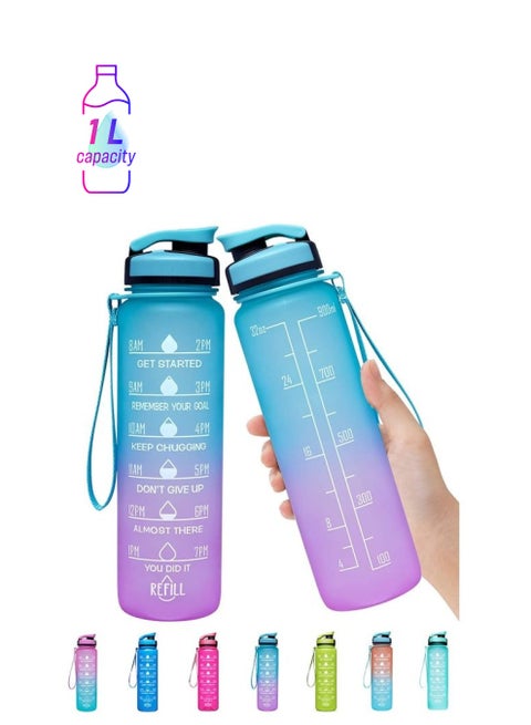 1L Large Water Bottle with Motivational Time Marker Blue/Pink