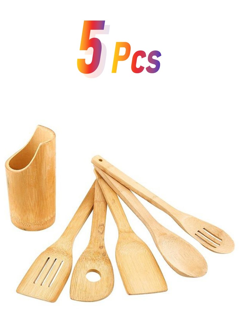 كلاسي تاتش طقم ملاعق خشبية للطهي والتقديم مع حامل مكون من 5 قطع بيج 30سم - Image 1