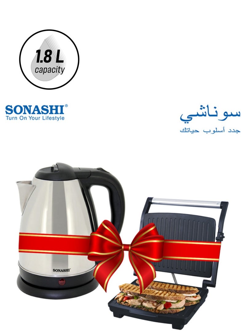 SONASHI Cordless Electric Kettle 1500W With 4-Slice Grill Sandwich Maker Bundle 1.8 L 2000 W SGT-854/SKT-1804/Bundle Black/Silver  - Image 1