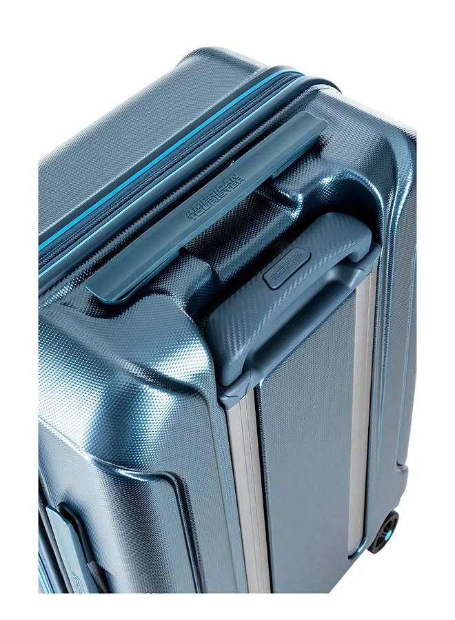 AMERICAN TOURISTER Technum Suitcase, Cabin Size 55 cm / 20 inch, 4 Spinner Wheels, Hard Top, Polycarbonate, Metallic Blue|DuoSaf™ Security Zipper|Dual Tube Pull Handle|Expandable|TSA Lock - 3 Years International Warranty Metallic Blue