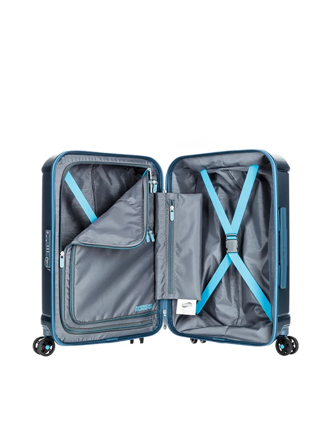 AMERICAN TOURISTER Technum Suitcase, Cabin Size 55 cm / 20 inch, 4 Spinner Wheels, Hard Top, Polycarbonate, Metallic Blue|DuoSaf™ Security Zipper|Dual Tube Pull Handle|Expandable|TSA Lock - 3 Years International Warranty Metallic Blue