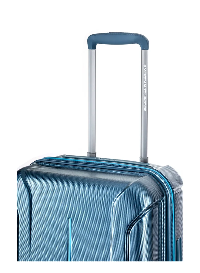 AMERICAN TOURISTER Technum Suitcase, Cabin Size 55 cm / 20 inch, 4 Spinner Wheels, Hard Top, Polycarbonate, Metallic Blue|DuoSaf™ Security Zipper|Dual Tube Pull Handle|Expandable|TSA Lock - 3 Years International Warranty Metallic Blue