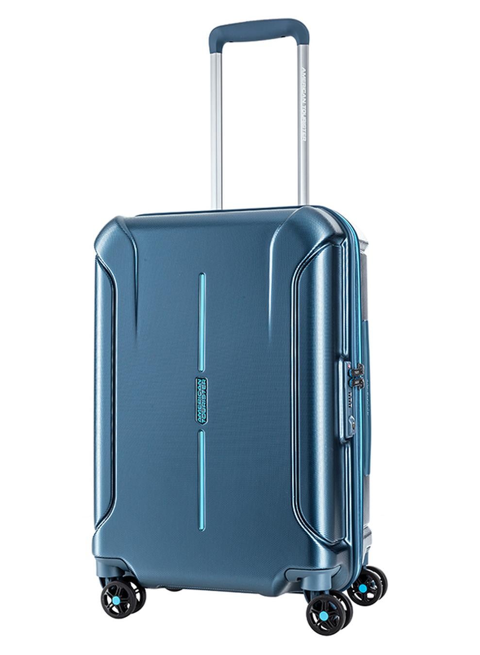 American Tourister Technum Suitcase, Cabin Size 55 cm / 20 inch, 4 Spinner Wheels, Hard Top, Polycarbonate, Metallic Blue|DuoSaf™ Security Zipper|Dual Tube Pull Handle|Expandable - 3 Years Global Warranty Metallic Blue