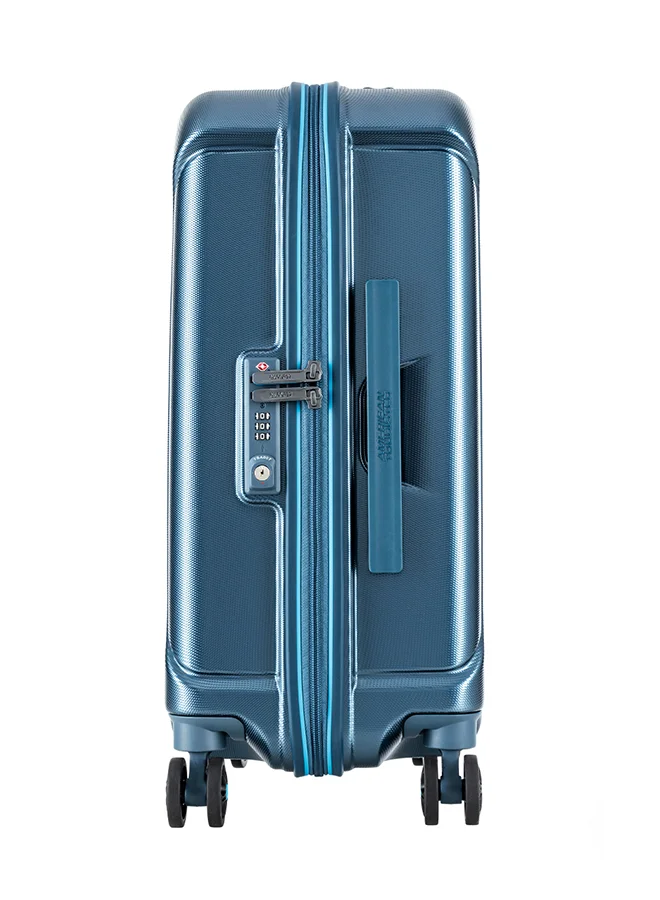 AMERICAN TOURISTER Technum Suitcase, Check-In Size 77 cm / 28 inch, 4 Spinner Wheels, Hard Top, Polycarbonate, Metallic Blue|DuoSaf™ Security Zipper|Dual Tube Pull Handle|Expandable|TSA Lock - 3 Years International Warranty