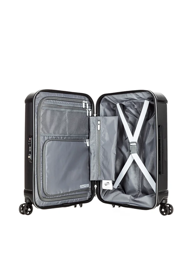 American Tourister 55 cm / 20 inch Technum Suitcase, Cabin Size 55 cm / 20 inch, 4 Spinner Wheels, Hard Top, Polycarbonate, Diamond Black|DuoSaf™ Security Zipper|Dual Tube Pull Handle|Expandable|TSA Lock - 3 Years International Warranty Diamond Black  | Best Price UAE