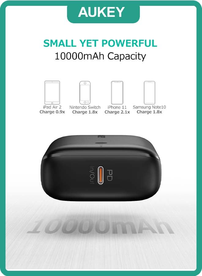 10000 mAh 20W Fast Charging 10000mAh Power Bank - Aukey Basix Mini (Compact &amp; Portable), PD/QC3.0 for iPhone 15/14/13 &amp; Samsung S24/S23 &amp; iPad Pro – Travel friendly - Black
