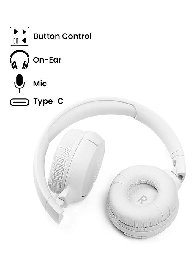 JBL Tune 510Bt Wireless On-Ear Headphones - Pure Bass - 40H Battery - Speed Charge - Fast Usb Type-C - Foldable White - Image 2