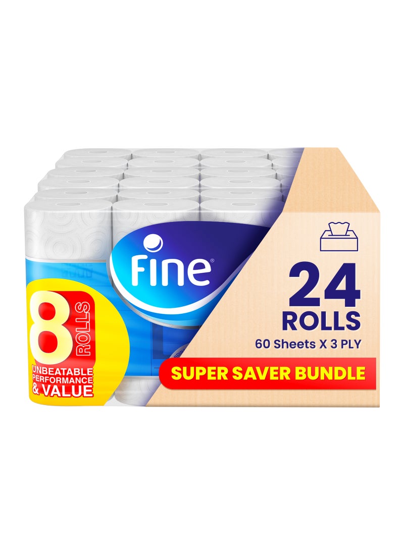 فاين مجموعة لفائف ورق تنشيف سوبر برو من 3 طبقات، مكونة من 24 لفافة أبيض - Image 1
