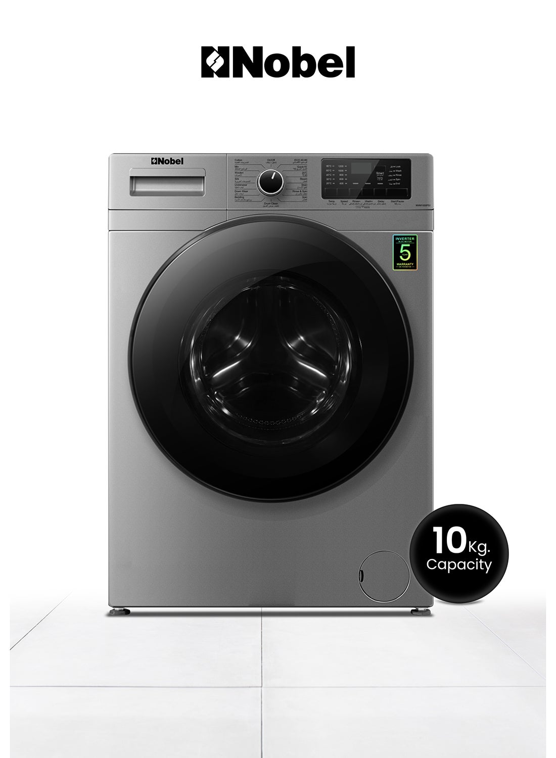 Nobel 10 KG Front Load Washing Machine with 16 Programs, Stainless Steel Drum, Inverter BLDC Motor, 1200 RPM Spin Speed, 64 Ltrs Drum Volume, 90°C Max Water Temperature, Child Lock, Heat Shrink Packaging NWM1000FSI​ Silver 