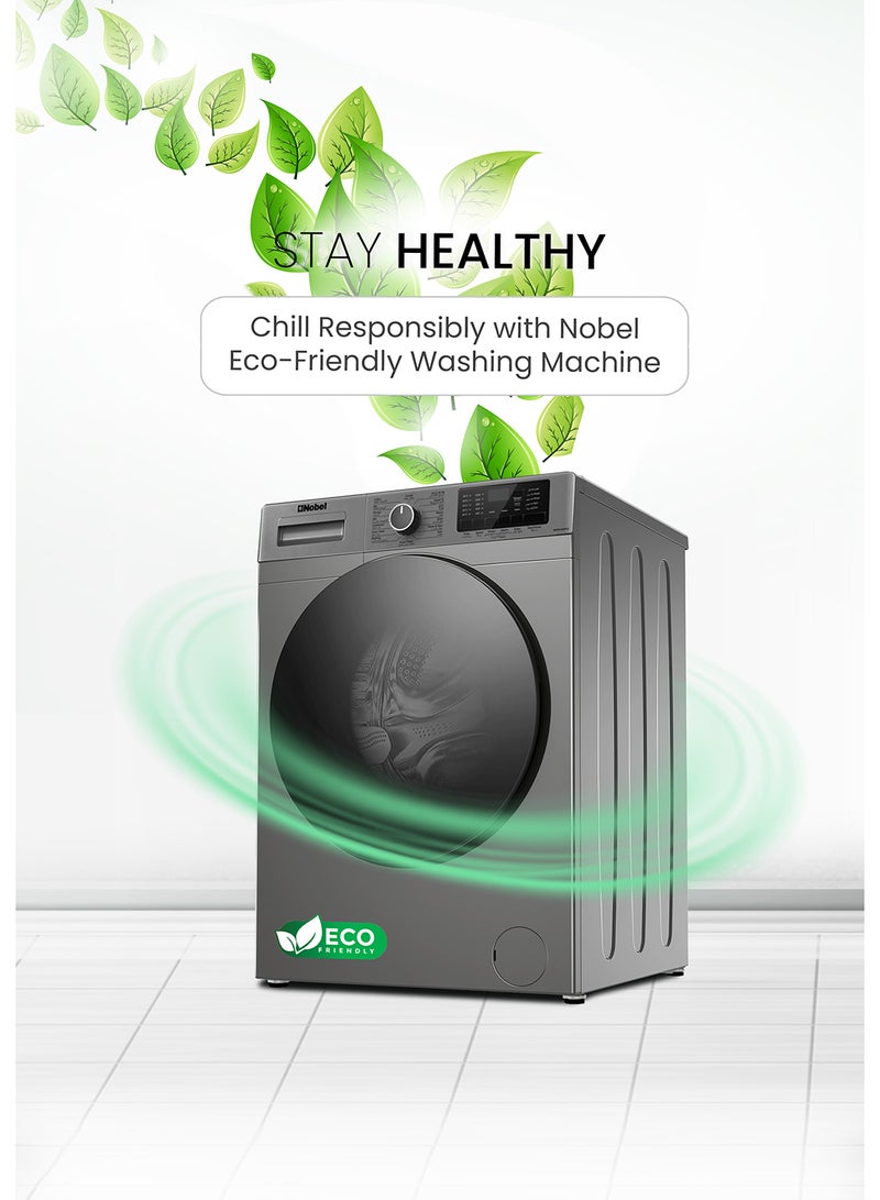 10 KG Front Load Washing Machine with 16 Programs, Stainless Steel Drum, Inverter BLDC Motor, 1200 RPM Spin Speed, 64 Ltrs Drum Volume, 90°C Max Water Temperature, Child Lock, Heat Shrink Packaging 10 kg NWM1000FSI​ Silver
