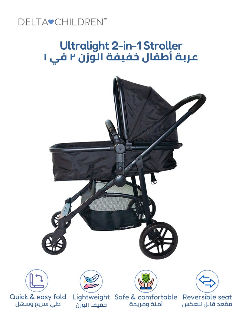Delta CHILDREN Easy One-Fold Ultralight 2-in-1 Baby Stroller | Reversible Seat | Bassinet Mode | 92x56x110 CM | Lightweight | Newborn to Toddler | Black | Compact Travel - Image 1